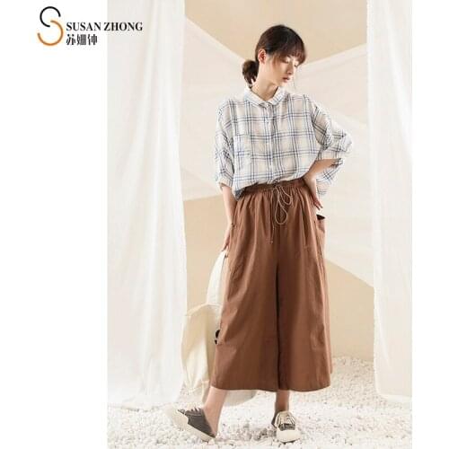 Women Pants Feme Trousers 2021 Spring Summer Natural Normcore Vintage Indi Clothing Loose Harem Cotton Elastic Waist Check Hem