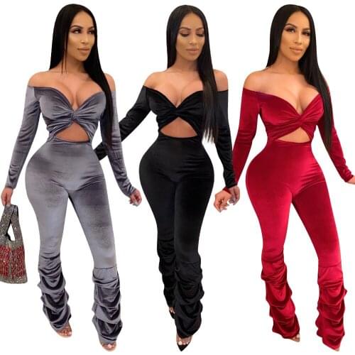 2021 Velvet Sexy Women Two Piece Slash Neck Crop Top + Pants Pleated Stacked Sportsuit Tracksuit Clothes For Women Outfit