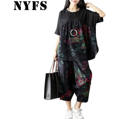 NYFS 2020 New Summer Cotton Linen Women Set National wind printing Short Sleeve T shirt + harem pants 2 piece set Women Suit set