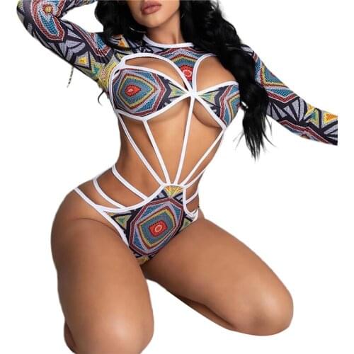 2021 Women Sexy One-piece Swimsuit Adults Hollow Out Printed Long Sleeve Round Neck Swimwear Monokini Swimsuit Beachwear