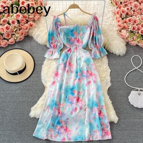2021 New Summer Sweet square collar puff sleeve Dress asymmetric bandage high waist pleated tie dye mid-length A-line Dress