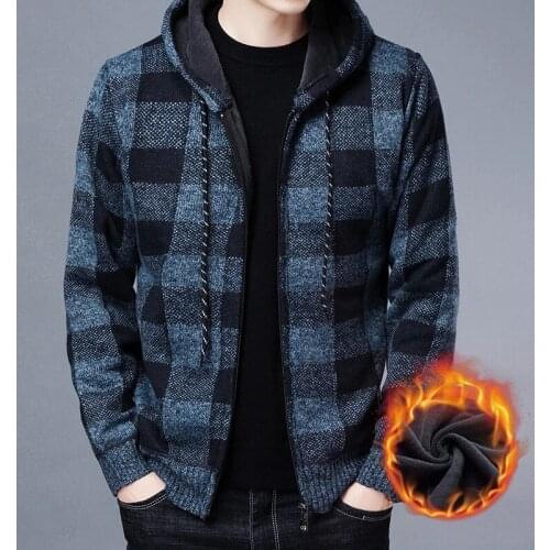 Winter Mens Plaid Sweaters Fashion Male Fleece Knitted Sweater Hooded Coats Casual Slim Fit Knitted Zipper Cardigan Jackets