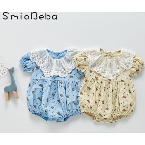 2021 Girls' Summer Baby Floral Jumpsuit Sweet Newborn Korea Lace Lapel Ha Bag Fart Creeping Suit Ropa De Bebe Ni O Recien Nacido