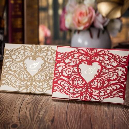 50pcs Romantic Heart Style Laser Cut Gold/Red Wedding Invitations Cards with Hollow Flower Event Party& Decorations