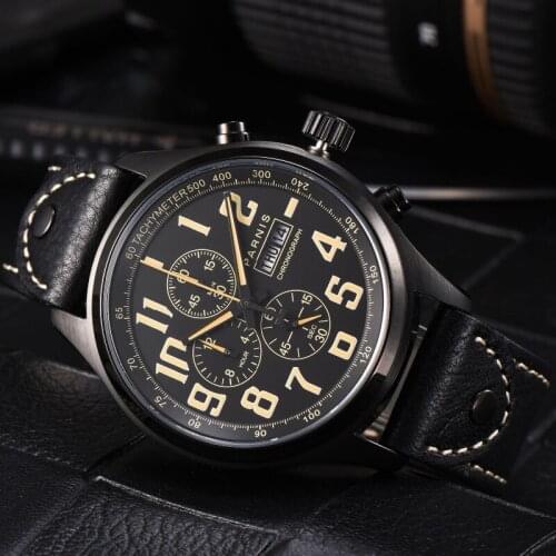 Parnis 43mm Quartz Watch Analogue Chronograph Military Pilot Watch Diving Watch 100m Waterproof Calendar Wristwatch Mens
