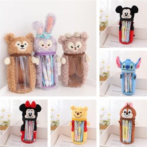 Disney Mickey Cartoon Student Plush Pencil Case Star Delu Stitch Dual-use Pen Holder Girl Heart Transparent Storage Bag Gift