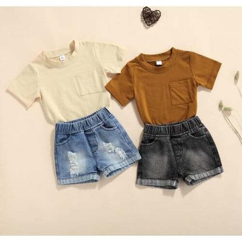 2021 Summer Kids Boys Clothes Sets 2pcs Solid Short Sleeve Pullover T Shirts and Denim Shorts Baby Tracksuit Outfits Sets