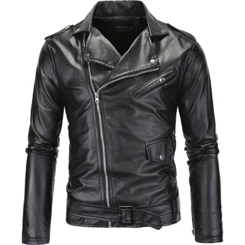 Spring Fashion Motorcycle Leather Jacket Men Slim Fit Oblique Zipper PU Jacket Autumn Men Leather Jackets Coats Black White
