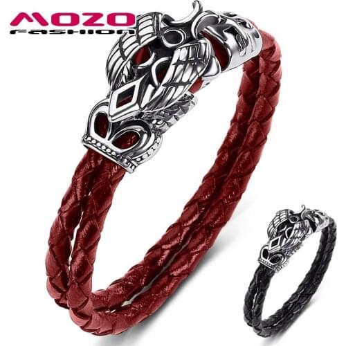 MOZO FASHION Men Jewelry Black Genuine Leather Bracelet Stainless Steel Sword Wings Punk Charm Women High Quality Gifts 513