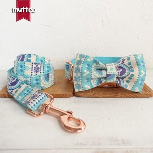 MUTTCO retailing high quality handmade collar for dog fashionable Sapphire THE FOLK BLUE dog collar with bow tie 5 sizes UDC023M