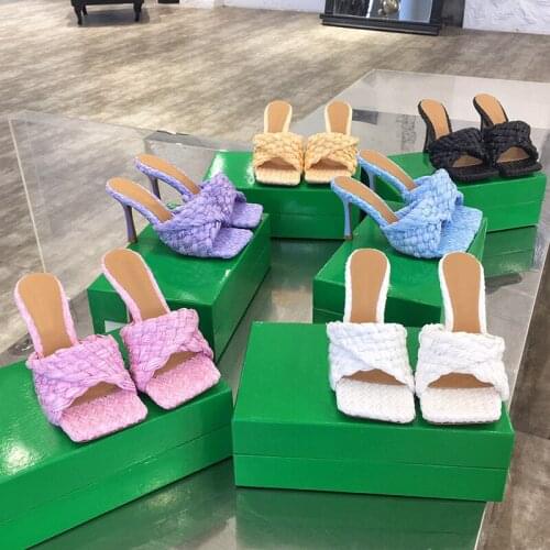 Cross Woven 9cm High Heels Leather Mules Sandals Women Square Toe Blue Braided Slippers Designer Brand Shoes Woman Party Shoes