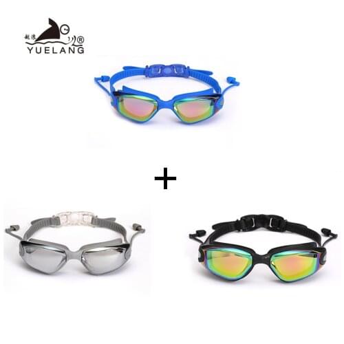 3 PCS Professional Swimming Goggles Set Earplugs Waterproof Glasses Electroplate Anti-Fog Anti-UV Pull Buckle Adult Silicone