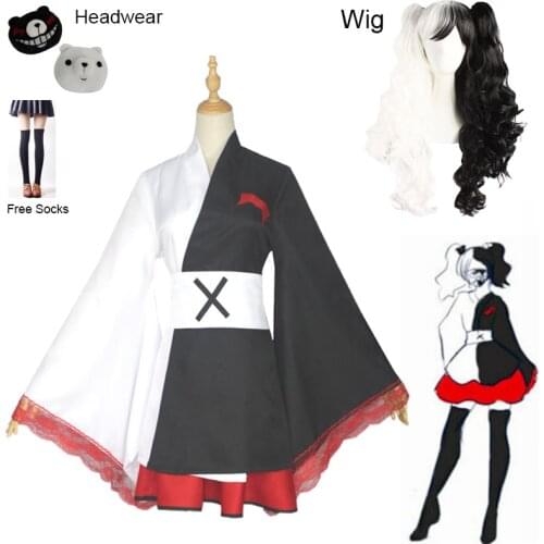 2021New Anime Monokuma Cosplay Costume Danganronpa Womans Cosplay Wig Kuma Coat and Skirts Suit Halloween Girl Anime Costumes