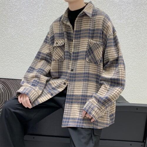Autumn and winter brushed plaid shirt mens long-sleeved loose casual thick woolen coat