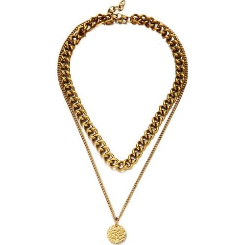 Punk Hip Hop Cuban Link Neck Chains For Women Men Gold Color Stainless Steel Choker Collar Circle Pendant Necklace 2020