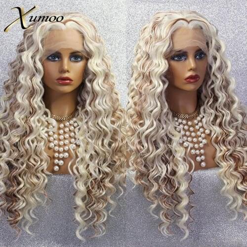 XUMOO High Temperature Fiber Synthetic Lace Front Wig Glueless Highlight Blonde Curly Wig Long Cosplay Wigs For Black Women