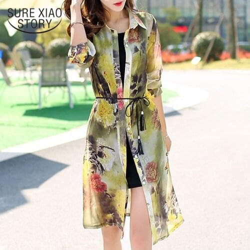 Beach Sun Protection Clothes Print Tops Women Summer Long Sleeve Floral Loose Cardigan Chiffon Blouse Women Long Shirt 9127 50