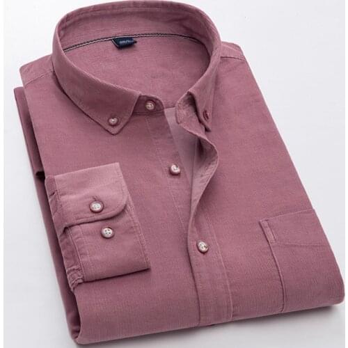 Autumn Comfortable Cotton Casual Shirts Mens Button-Down Long Sleeve Vintage Corduroy Shirt Single Patch Pocket Standard-Fit