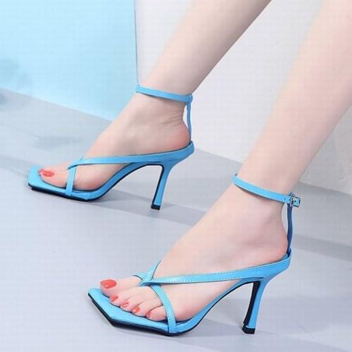 Summer Gladiator Sandals Stiletto High Heels Shoes Women Square Head Open Toe Clip-On Strappy Sexy Sandals Ladies Black PW086