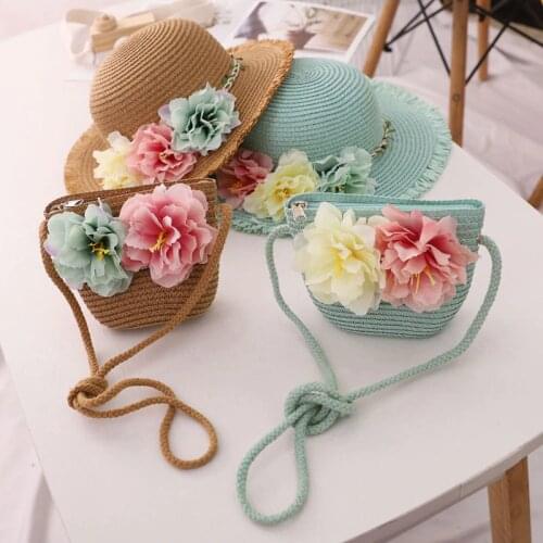 Parent-child Summer 2020 New Straw Hat 2-6Y Female Baby Girls Hat Matching Bag Sun Hat Shade Flower Travel vacation Beach Hat
