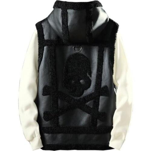 Vintage Hooded Mens Faux Fur Vest Coats Winter Warm Mans Faux Fur Leather Vest Skulls Pattern European Oversized Streetwear A863