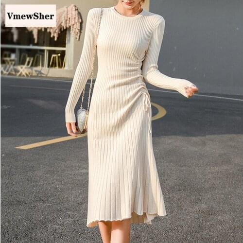 VmewSher Solid Sweater Women Dress Elegant Drawstring Knitted Dress Winter 2020 New O-Neck Long Sleeve A-line Slim Party Dresses
