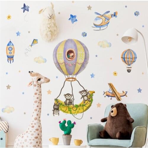 Hot Air Balloon Monkey Cartoon Wall Stickers Bedroom Living Room Background Wall Childrens Room Decoration PVC Wall Stickers