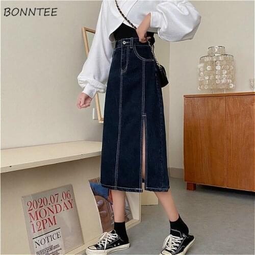 Skirts Women Blue Trendy Spring Daily High Waist All-match Denim Split Midi Pockets Solid Leisure Empire Temperament College BF