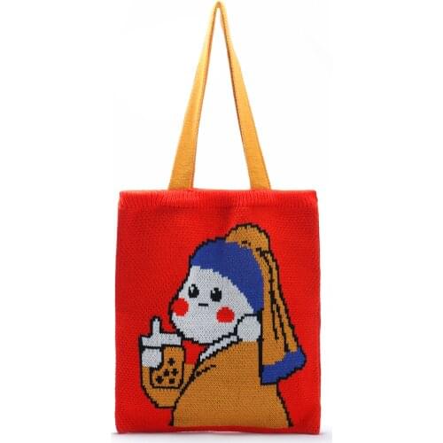 Women Girl with A Pearl Earring Cartoon Pattern Knitting Tote Bag 2021 Lady Stylish Fashion Daily Crochet Soft Woolen Handbag
