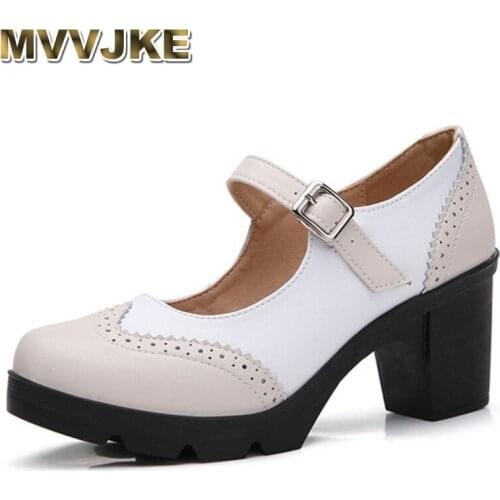 MVVJKE34 ~ 43 Women Casual Pumps Cow Split Leather Work Shoes Round Toe Buckle Non-Slip7CM Thick High Heel Woman Shoes Zapatilla