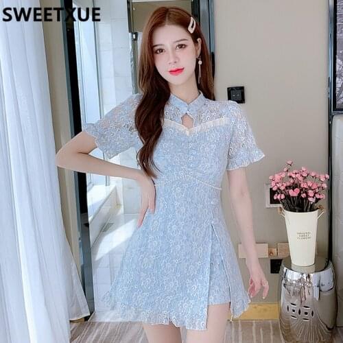 SWEETXUE Hot Fashion Summer Womens 2021 Temperament Two-Piece Set Hollow Out Dress + Shorts Lace Suits Casual Outfit Female