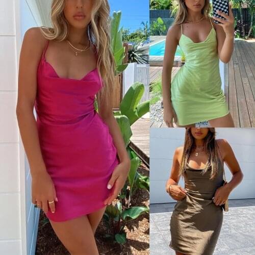 Sexy Solid Color Suspender Dress Low-Cut V-Neck Slim Backless Cross Strap Bandage Fit Summer Wild Stylish Mini Dress for Party