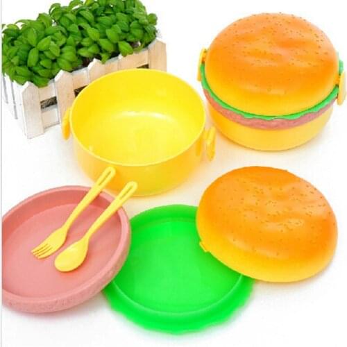 1 PCS Hamburger Shape Round with Fork and Spoon Lunch Box Cooking Tools Kitchen Accessories Food Container for Children