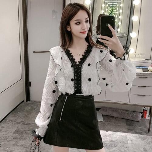 #1915 Ruffles Blouse Women Polka Dot Printed V Neck Spliced Lace Blouse Femme Lantern Sleeved Thin Perspective Blouse Female
