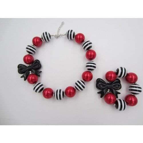 2pcs/set Kids Girls Lovely Gifts 20mm Stripe Chunky Beads Strand Bubblegum Necklace Black Bowknot Necklace Bracelet Jewelry Sets