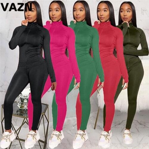 VAZN 2020 Fashion Casual High Neck Solid Two Piece Set Biker Set Ladies Tracksuit Female Summer Matching Sets