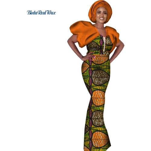 African Woman Dresses with headscarf Long Dress for Women Party Dress Mermaid Dress Vestido Bazin African Lady Clothing WY7420