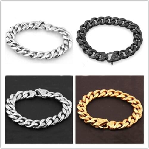 New 13mm 316L Stainless Steel bracelet Silver Gold Black Color Curb Cuban Link Chain Mens Boys Fashion Bangles Bracelet 8.66"