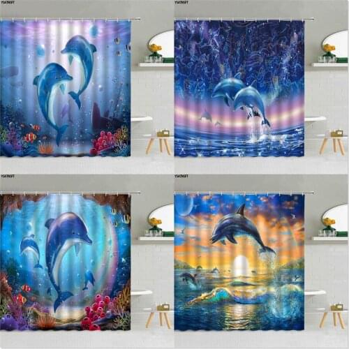 Fantasy Ocean Animal Dolphin Play Shower Curtain Sunlight Tropical Fish Scenery Fabric Bathroom Supplies Hanging Curtains Decor