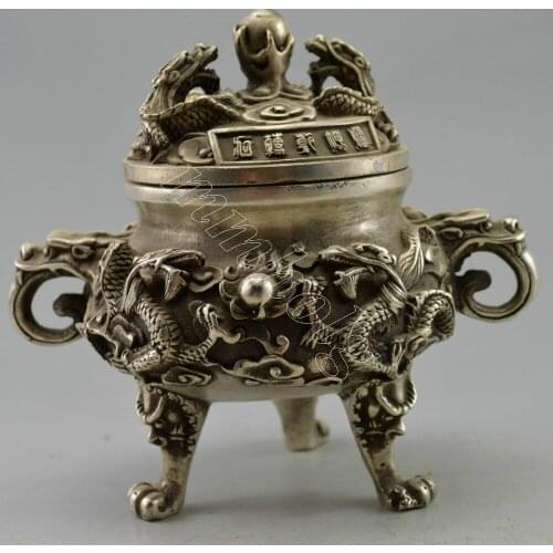 Exquisite Chinese Collectible Decorated Old Tibetan Silver Dragon Playing Ball Statue Incense Burner