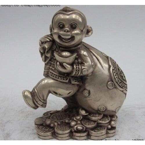 7" China White Copper Bronze Silver Gilt Monky Bring Wealth Sack Fengshui Statue