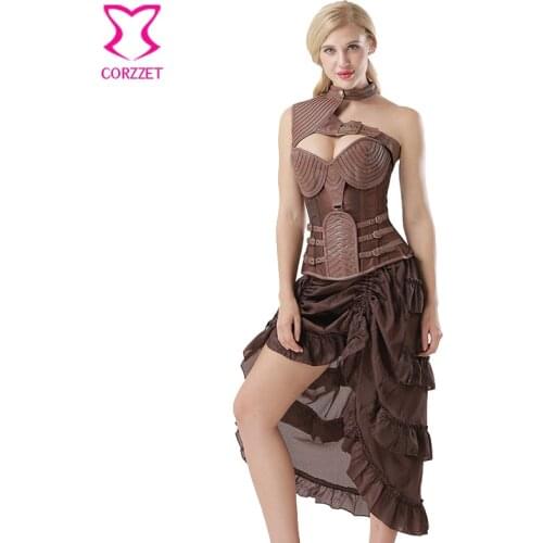 Corzzet Vintage Brown Leather Armor Women Corsets Dress Vinatge Bustiers Steapunk Overbust Waist Corset Plus Size 6XL