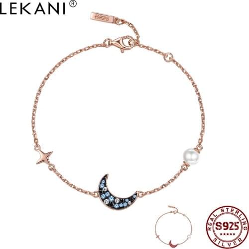 LEKANI 925 Sterling Silver Star Moon Charm Bracelet For Women Sparkling Crystal Zircon Rose Gold Bracelets Fine Jewelry Gift