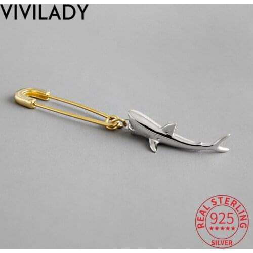 VIVILADY Trendy 925 Sterling Silver Cute Pin Shark Pendant Women Drop Earrings Punk Chic Female Party Fine Jewelry