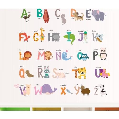 Cartoon Jungle Wild 26 Letters Alphabet Animals Wall Stickers For Kids Rooms Home Decor Children Wall Decal Poster Mural