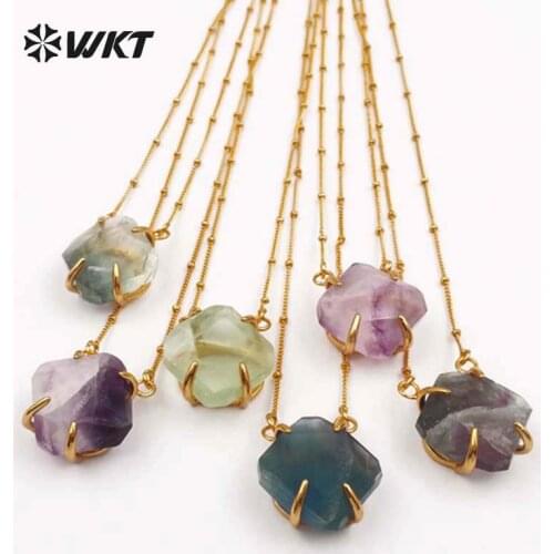 WT-N1135 Wholesale Beautiful Natural Faceted Stone With Gold Trim Pendant 18 Inch Gold Layer Necklace Women Dainty Necklace