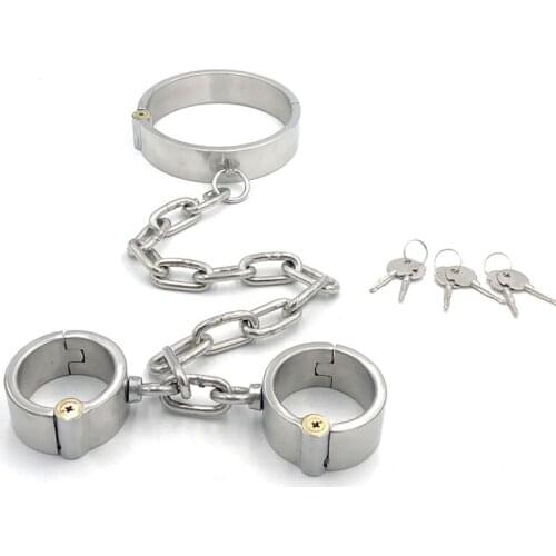 Stainless Steel Neck Collar Chain Handcuffs Adult Games Torture BDSM Bondage Slave Restraints Fetish Sex Toys For Couples
