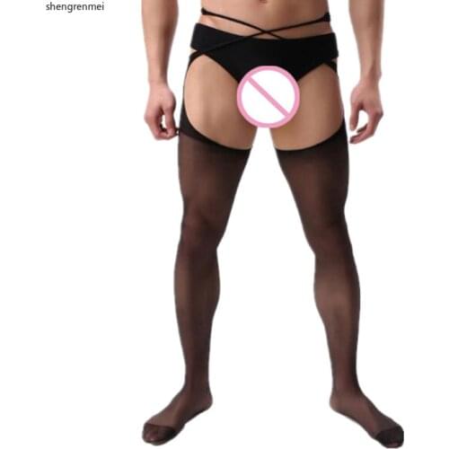 Mens Sexy Open Crotch Tights Men Lingerie Crotchless Black Nylon Stockings Exotic Male Sheer Pantyhose for Mens Husband Gift