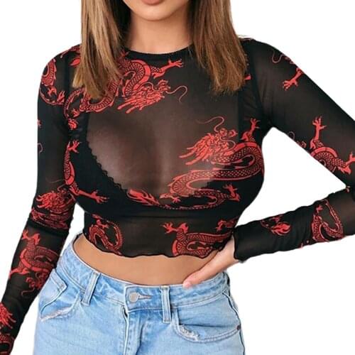 Sexy Women Transparent Print Mesh Crop Tee Tops Sheer Slim Female Fashion Long Sleeve O Neck Party Cluwear T-shirts Tops