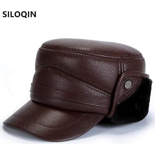 SILOQIN Natural Genuine Leather Cap Winter Mens Warm Army Military Hats Men Flat Caps Thick Fluff Sheepskin Leather Hat Dad Hat